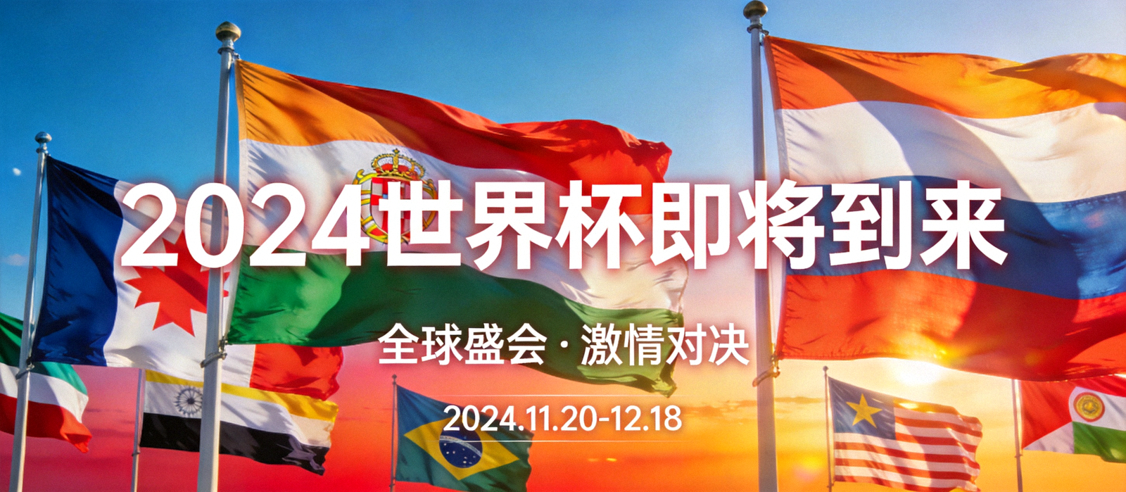 即将到来的世界杯比赛宣传海报，各国国旗飘扬
